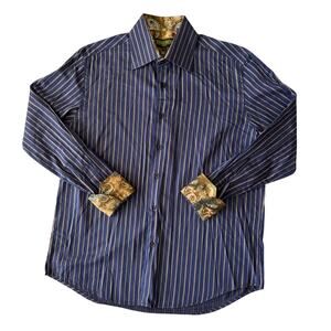 Inserch Icon Shirt Mens Size L Blue Jacquard Woven Cotton Long Sleeve Flip Cuff